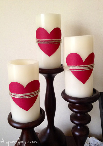 simple valentines decor- hearts on candles with twine