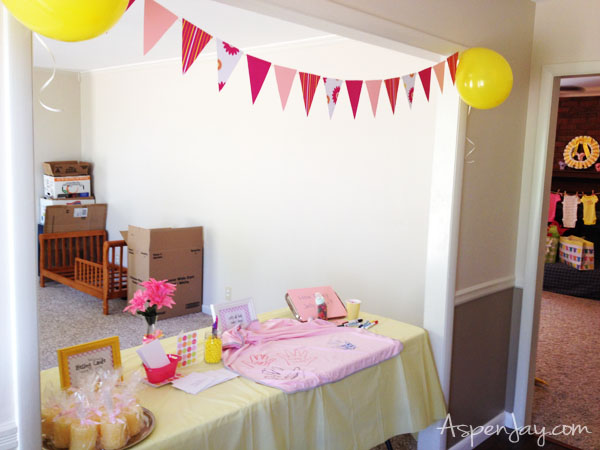 baby shower entrance table. Love the simple banner!