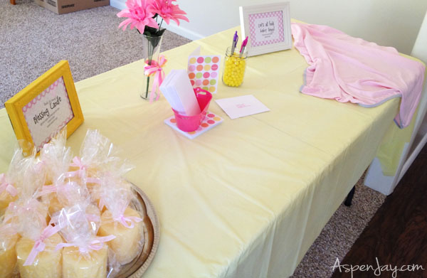 baby shower entrance table- guests address their own envelopes for mama to then send thank-you cards-great idea!