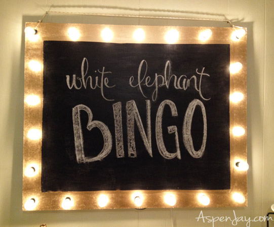 White elephant bingo party! Homemade jazzy chalkboard sign! Can reuse again and again for any type of party!