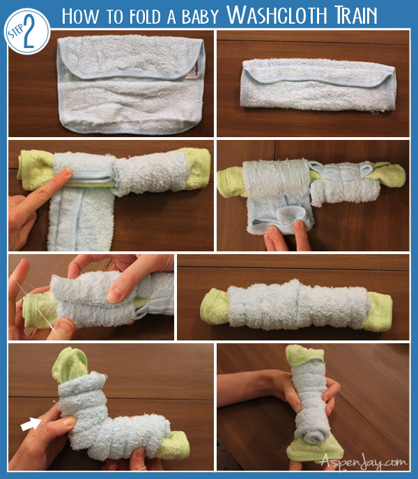 How to fold a washcloth train. This would be so cute for a baby shower! Very thorough instructions