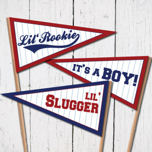 FREE printable Baseball Baby Pennant Flags. Such a great touch to a baseball themed baby shower. Definitely pinning for later. Click for more FREE baseball printables.