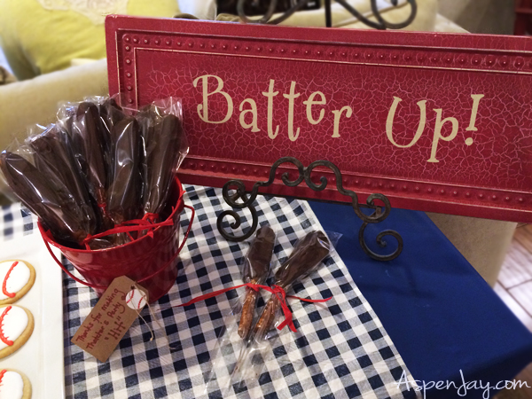 Chocolate preztels as baseball bats- SO clever! Super cute Baseball themed Baby Shower. Everything is just perfect! She even includes the adorable baseball printables for free download! Love this theme for a baby shower! 