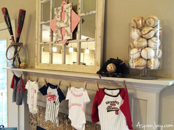 Super cute Baseball Baby Shower. Everything is just perfect! She even includes the adorable baseball printables for free download! Love this theme for a baby shower!