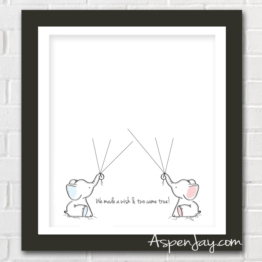 FREE Twin Elephant Baby Shower Guest Book Printable. Super sweet idea to use at a baby shower and then hang up in the nursery! Mama-to-be would LOVE it! Pinning for the next baby shower I throw!!