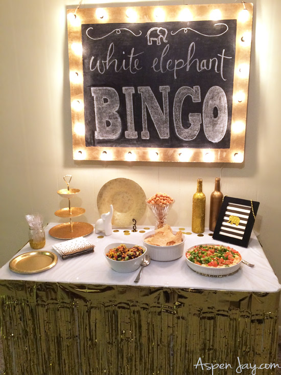 White Elephant Bingo! Such a fun activity for game night! Love the gold color scheme!