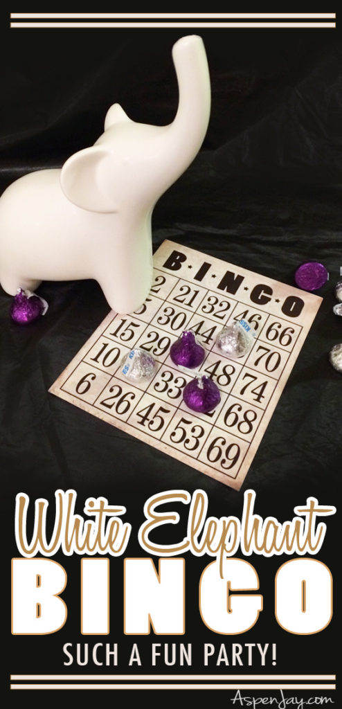 Hosting a White Elephant Bingo Party! Such a fun activity for game night! Love the gold decorations to go along with the theme. PINNED!