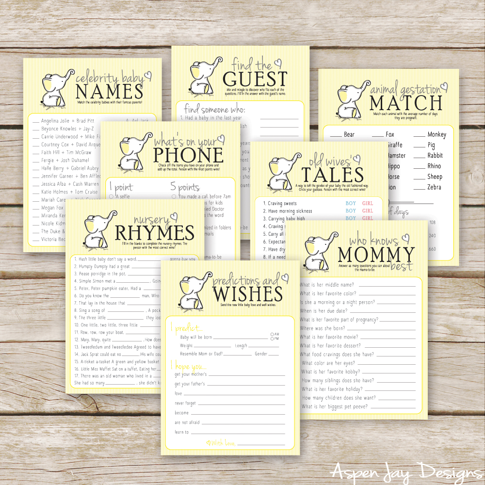 yellow elephant baby shower games