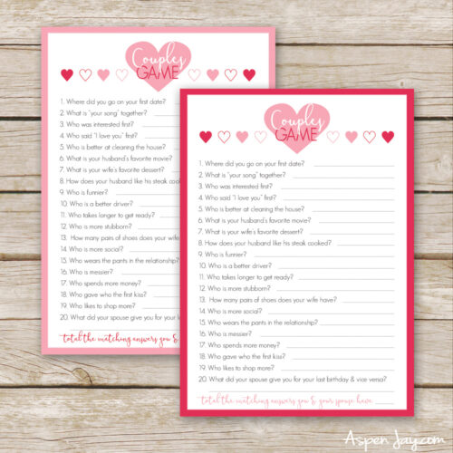 Free Valentines Couples Game Cards