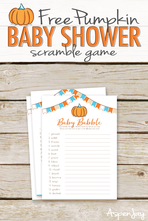Free pumpkin baby shower game printable that would be perfect for your fall themed baby shower! Simply download and print! #pumpkinbabyshower #freebabyshowergame
