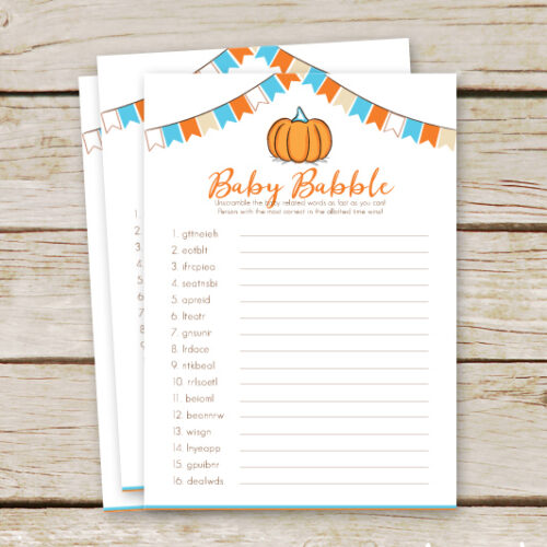 Free pumpkin baby shower game printable that would be perfect for your fall themed baby shower! Simply download and print! #pumpkinbabyshower #freebabyshowergame
