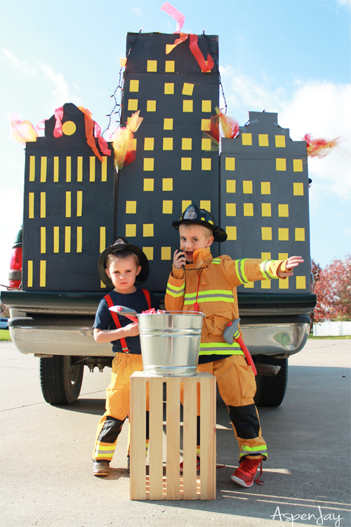 Love this for a Firefighter family costume for Halloween!!! Love the Firefighter themed trunk or treat! #firefighterfamily