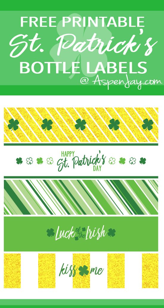 St. Patrick's Day Bottle Labels - FREE PRINTABLE!!! Spice up your boring water bottles with these fun festive labels! More matching printables for your party on the blog! #stpatricksday #st.patrick'sday #stpatricksdaylabels #stpatricksdaybottlelabels