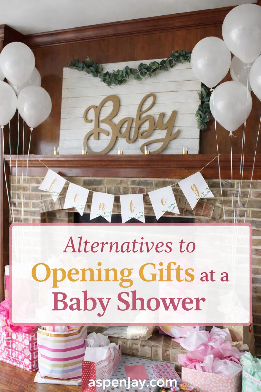 Baby shower gift display with pink, white, and gold decorations and text overlay “Alternatives to opening gifts at a baby shower”