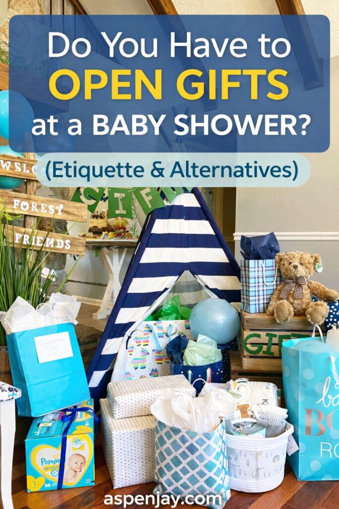 Baby shower gift display with blue decorations, teepee, and wrapped presents with text overlay “Do you have to open gifts at a baby shower? etiquette and alternatives”