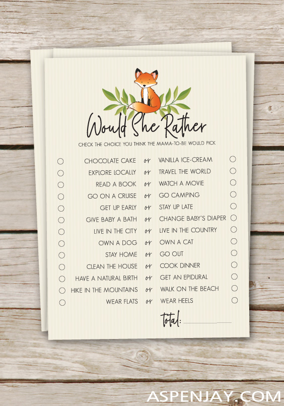 This FREE fox baby shower game is guaranteed to be a favorite at your upcoming baby shower! "Would She Rather" is a fun game to play to get to know a little bit more about the mama-to-be and highlight her at the party. The game is FREE, just print from your home or at a printing place! #foxbabyshower #babyshowergame #babyshower