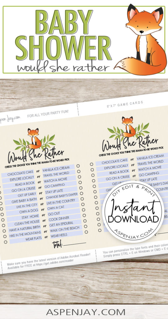 This editable fox baby shower game is guaranteed to be a favorite at your upcoming woodland themed baby shower! "Would She Rather" is a fun game to play to get to know a little bit more about the mama-to-be and highlight her at the party. The game is FREE, just print from your home or at a printing place! #foxbabyshower #woodlandbabyshower #babyshowergame #babyshower