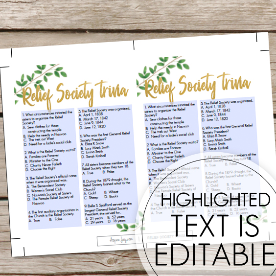 This Free printable Relief Society Trivia Game is a great activity to help your sisters learn a little bit more about some Relief Society history in a fun way!
