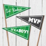Free printable mini football pennant flags! Perfect finishing touch to your sports themed baby shower! #footballbabyshower #sportsbabyshower #footballflags #footballpennant