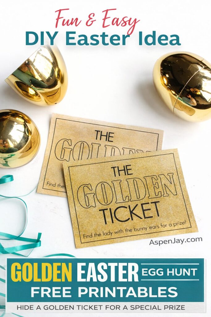 Golden Easter egg hunt printable tickets with gold eggs and ribbon for kids Easter activity