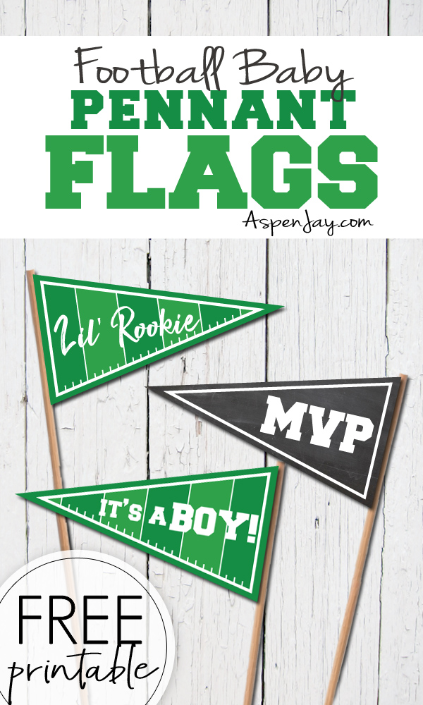 Free printable mini football pennant flags! Perfect finishing touch to your sports themed baby shower! #footballbabyshower #sportsbabyshower #footballflags #footballpennant