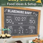 Football party food table with snacks, tiered tray, chalkboard scoreboard sign, and football-themed decorations for a baby shower or game day party