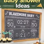 Football baby shower food table with chalkboard scoreboard sign, cupcakes, tiered tray, and themed decorations in green and white