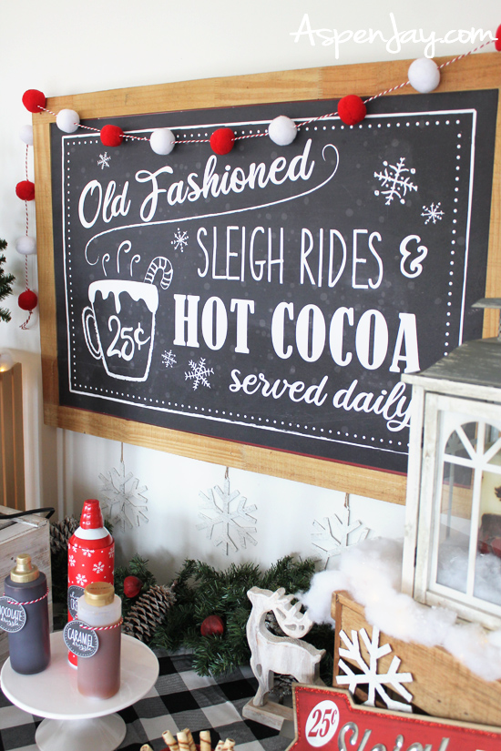 Great ideas for a DIY Hot Chocolate Bar for your upcoming holiday party! Including helpful printables to get you started! #hotchocolatebar #hotcocoabar