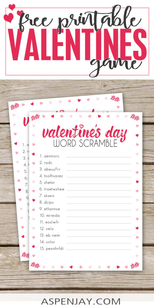 Enjoy this FREE printable Valentine's Day Word Scramble game at your upcoming Valentine's Day party or event! Simply download and print! #valentinesscramble #valentinesgame