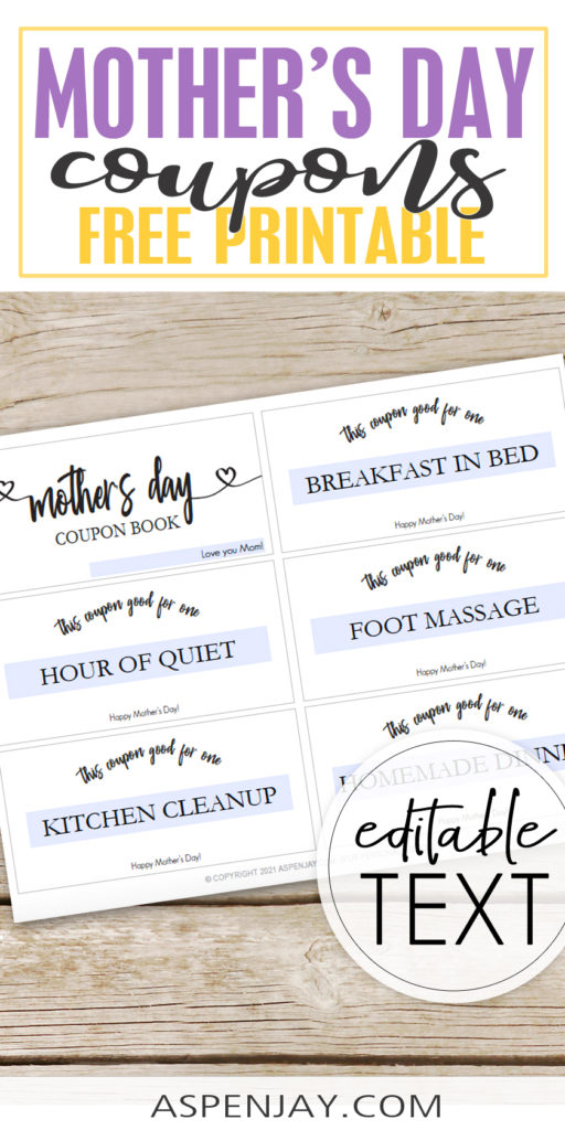 Free and classy Mother's Day coupons for the mom in your life! This is a perfect DIY gift for mom that she will love! Print the file as is or customize the text for the perfect gifts for mom. #mothersdaycoupons #mothersdaygift #mothersday
