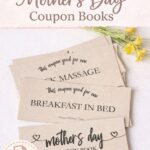 Mother’s Day coupon book printable with kraft paper coupons including “breakfast in bed” and “back massage” arranged with soft florals