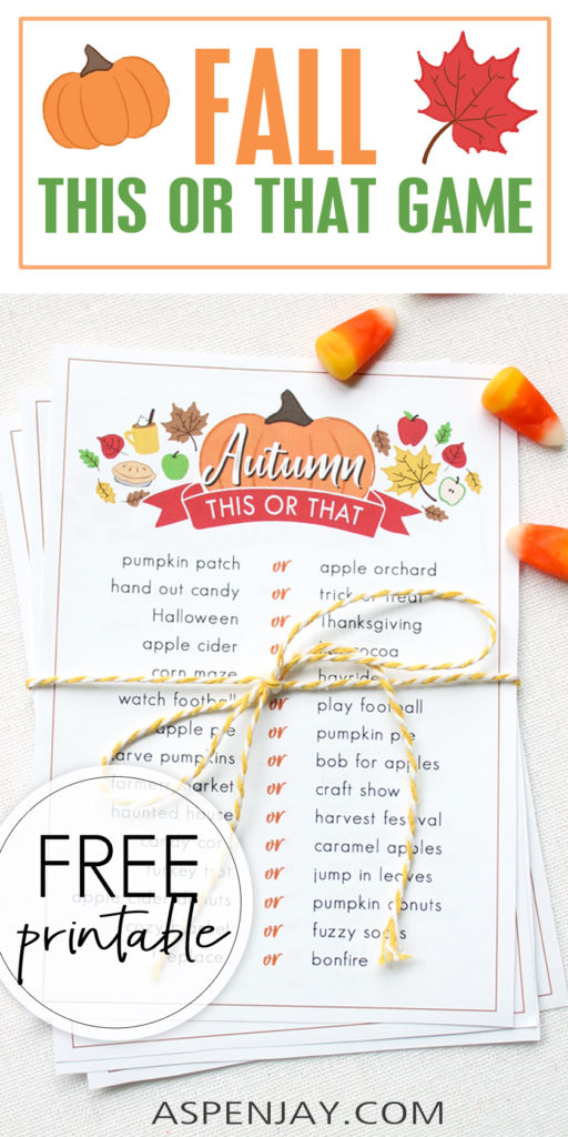 FREE This or That Fall themed game - instant download! Play with your friends to see who prefers what! #fallgames #autumngames #fall printable