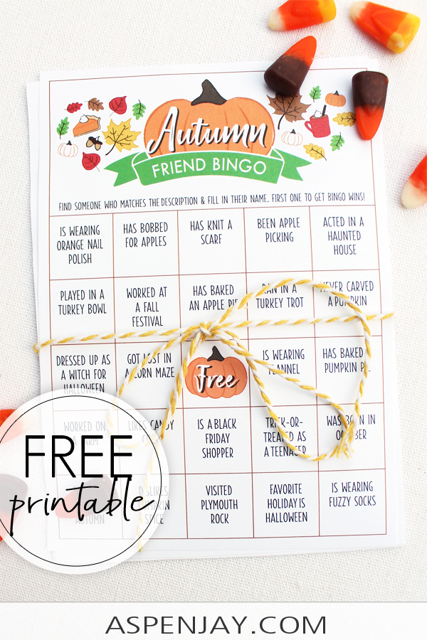Free FALL FRIEND BINGO - a perfect activity to start your Fall party with. It encourages everyone to intermingle and get to know each other. #fallgame #fallactivity #fallbingo