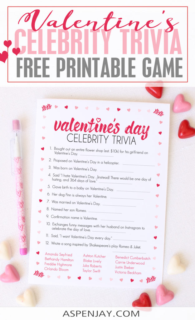 Free Celebrity Valentines Trivia game - great activity to play with girlfriends for a Galentine's Day Party! #valentinestrivia #valentinescelebrity #celebritytrivia