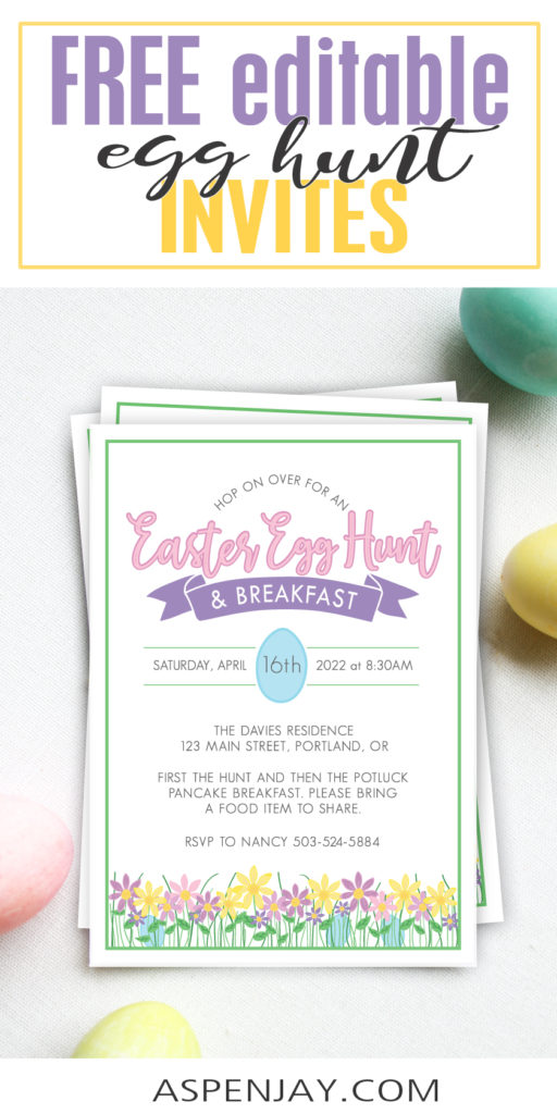 Send these adorable Easter Egg Hunt Invitations to friends, family, & neighbors to invite them to a fun Easter Egg Hunt and Breakfast! The printable invites are editable so you can personalize the text to your party's date and location as well as add any extra info you want! #egghuntinvites #easteregghuntinvites #freeEasterinvites #EasterEggHuntInvitations