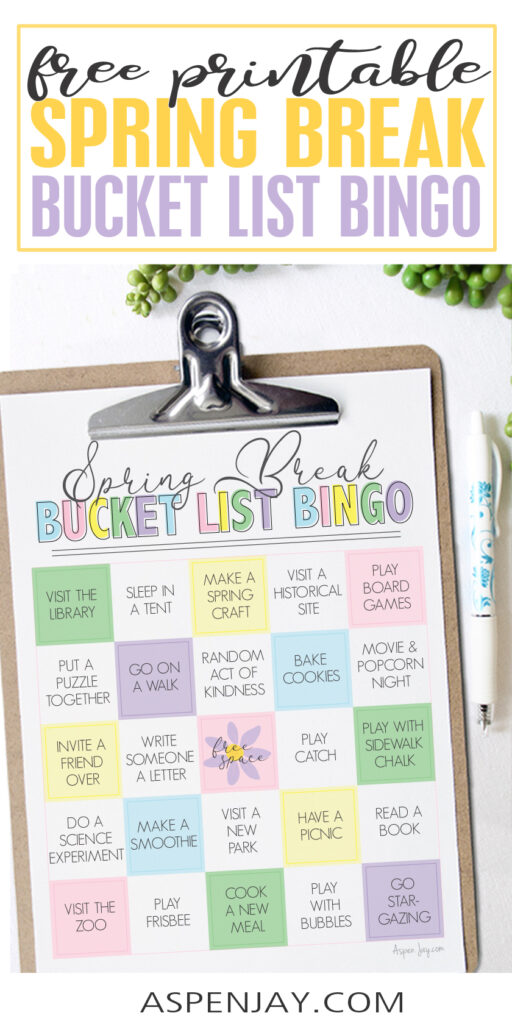 Add a little more fun to your family's week off of school with this free Spring Break Bucket List Bingo printable! #bucketlist #springbreakactivities #springbreakbucketlist #bucketlistbingo
