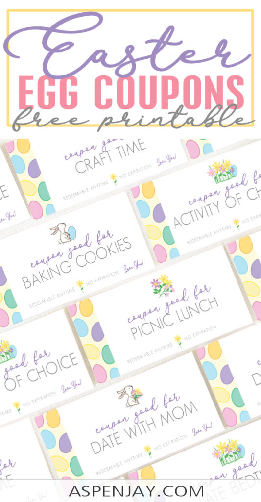FREE printable Easter Coupons! Compile them into a fun coupon book for Easter baskets or put them in plastic eggs for a great candy alternative for your upcoming Easter Egg Hunt! #eastercoupons #eastereggcoupons #freeeastercoupons