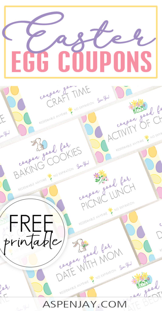 FREE printable Easter Coupons! Compile them into a fun coupon book for Easter baskets or put them in plastic eggs for a great candy alternative for your upcoming Easter Egg Hunt! #eastercoupons #eastereggcoupons #freeeastercoupons