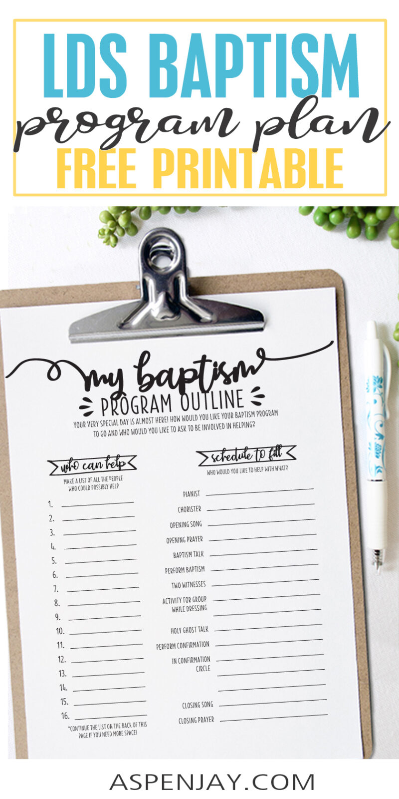 LDS Baptism Program Checklist - Aspen Jay