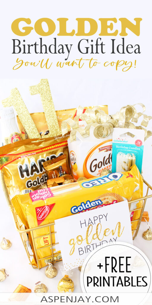 A gold themed basket of goodies and gifts is a fabulous golden birthday gift idea! It's simple to put together, can be scaled up or down to fit any budget, and is easily personalized to make for a perfect gift! Free Printables included! #goldenbirthday #goldengiftbasket #goldengift