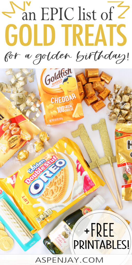 EPIC list of all treats GOLD! A gold themed basket of goodies and gifts would be the perfect gift for a golden birthday!  Free Printables included! #goldenbirthday #goldengiftbasket #goldengift