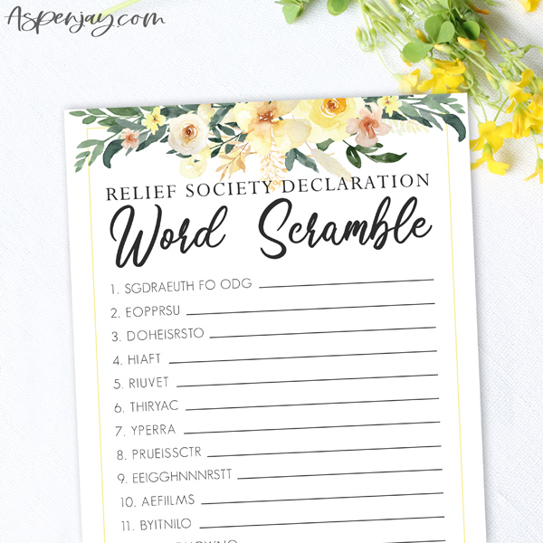 FREE printable Relief Society Declaration Word Scramble game - and tons more Real Society Activity Ideas 
