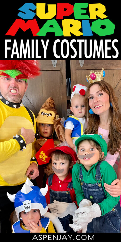 Need a fun and easy family costume theme for Halloween? Level up with these DIY Super Mario Family Costumes!