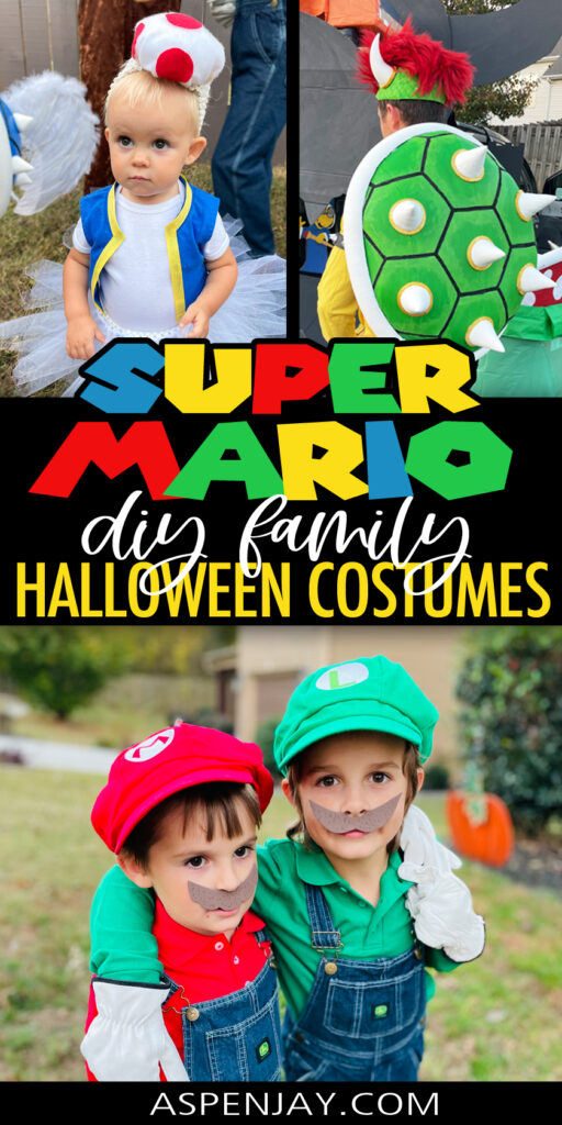 Need a fun and easy family costume theme for Halloween? Level up with these DIY Super Mario Family Costumes!