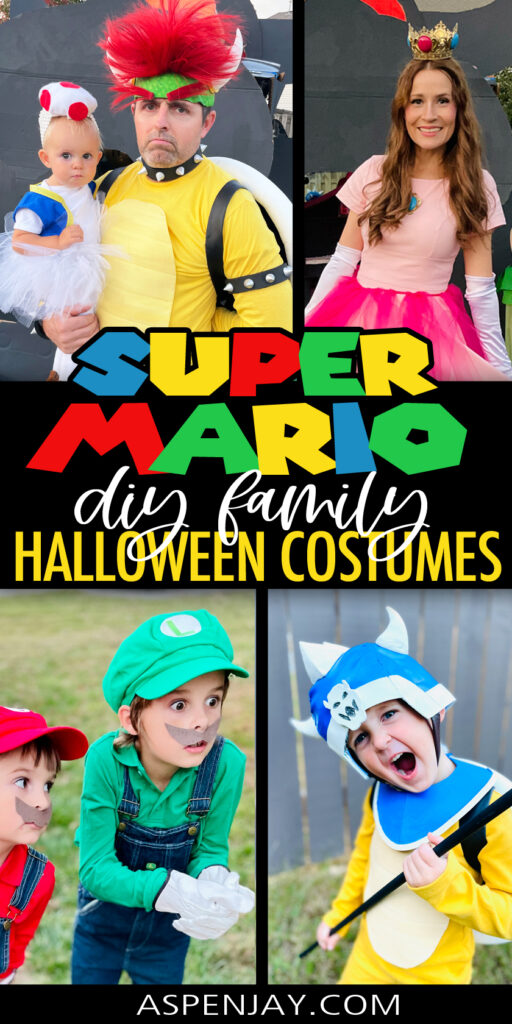 Need a fun and easy family costume theme for Halloween? Level up with these DIY Super Mario Family Costumes!