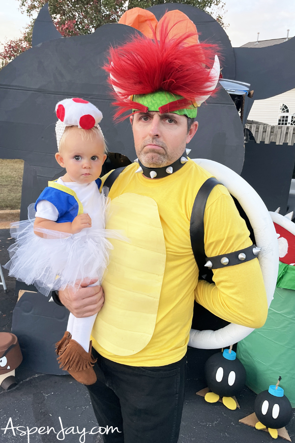 Easy DIY Super Mario Brother Family costumes that look legit! Bowser's costume is spot on! The little Toad is so cute! 