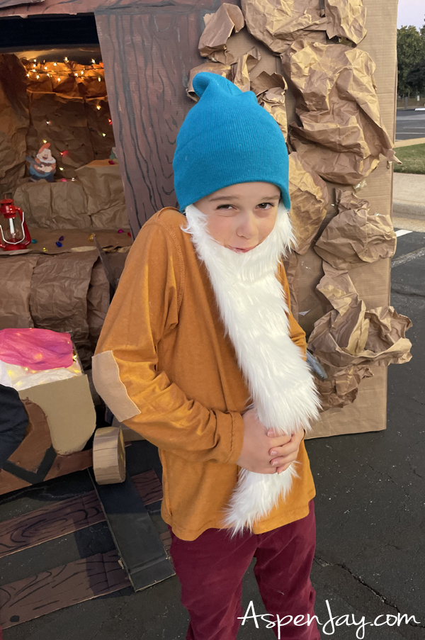 Person dressed as Bashful acting very bashful, for our Snow White and the Seven Dwarfs Family Costumes