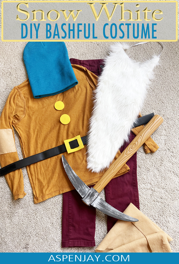 Complete outline of everything needed to pull off an easy DIY Bashful Costume for our Snow White and the Seven Dwarfs family costumes