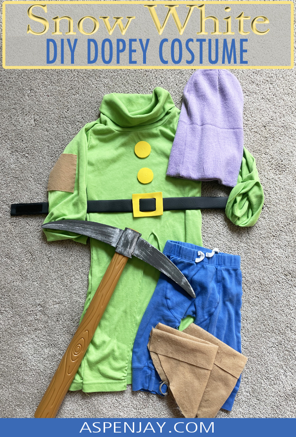 Complete outline of everything needed to pull off a DIY Dopey Costume for our Snow White and the Seven Dwarfs family costumes