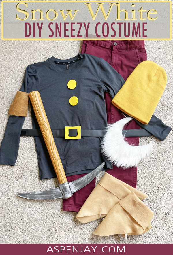 Complete outline of everything needed to pull off an easy DIY Sneezy Costume for our Snow White and the Seven Dwarfs family costumes